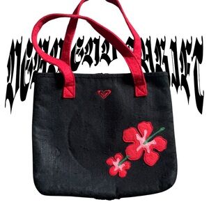 Roxy Black Tote with Red Floral Accents